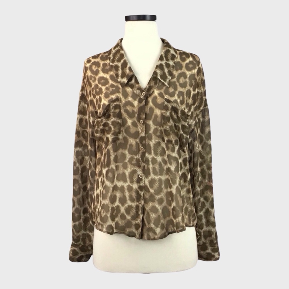 Free People Easy‎ Rider Animal Print Sheer Button Up Top